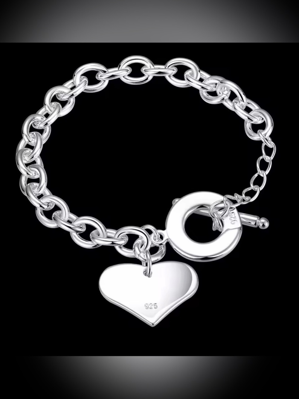Luxury Boutique Sterling Silver Heart Toggle Charm Bracelet - Silver